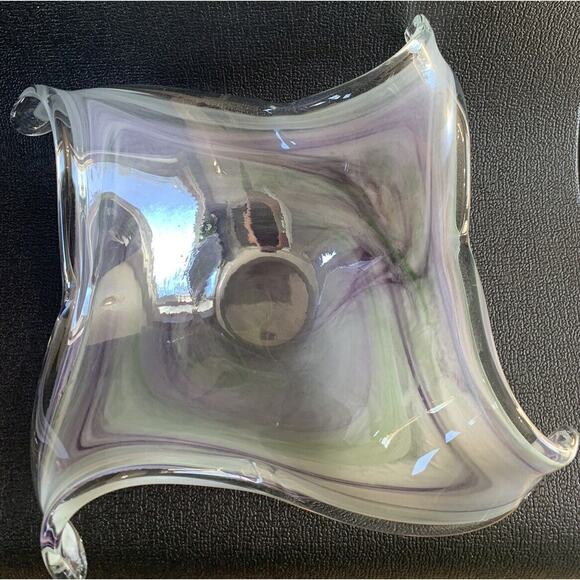 19” Murano Style Handblown Bowl Glass Ribbon Vase Wave Ribbed Purple Green Glass - Picture 15 of 16